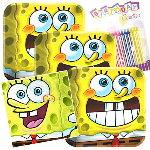 Lobyn Value Pack Spongebob Classic Party Plates and Napkins Serves 16 With Birthday Candles