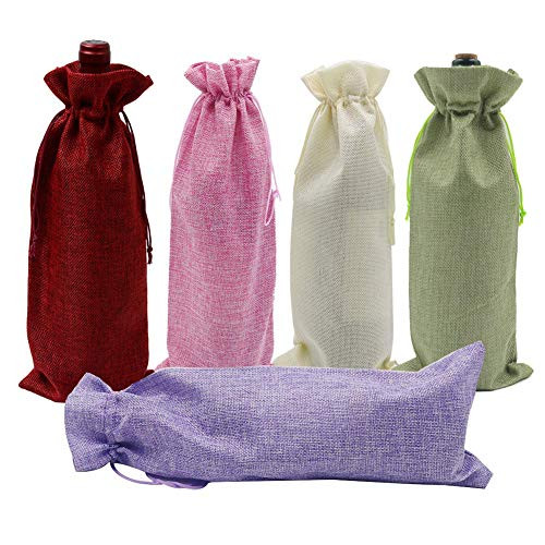 Bezall 10pcs Burlap Linen Wine Bags Drawstring Jute Champagne Wine Bottle Gift Bag Birthday Wedding Party Favor Wrap Pouches 13.7 x 5.9 Inches  Mixed Color