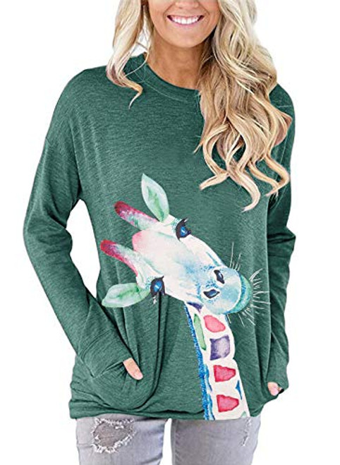 onlypuff Green Long Sleeve Tops for Women Giraffe Graphic Shirt Loose Fit Tunic Tops XXL onlypuff Green Long Sleeve Tops for Women Giraffe Graphic Shirt Loose Fit Tunic Tops XXL