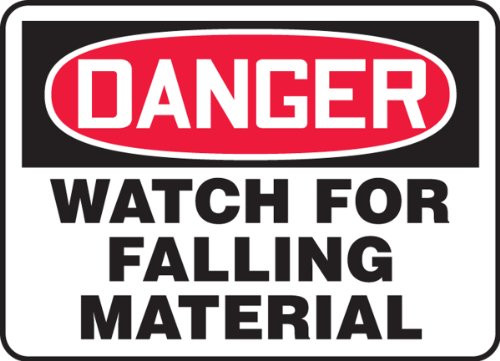 Accuform MEQM098VS Adhesive Vinyl Safety Sign Legend inchDanger Watch for Falling Material inch 10 inch Length x 14 inch Width x 0.004 inch Thickness Red Black on White