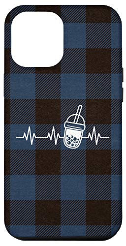 iPhone 12 Pro Max Blue Plaid Boba Tea Lifeline Heartbeat Cute Bubble Tea Gift Case