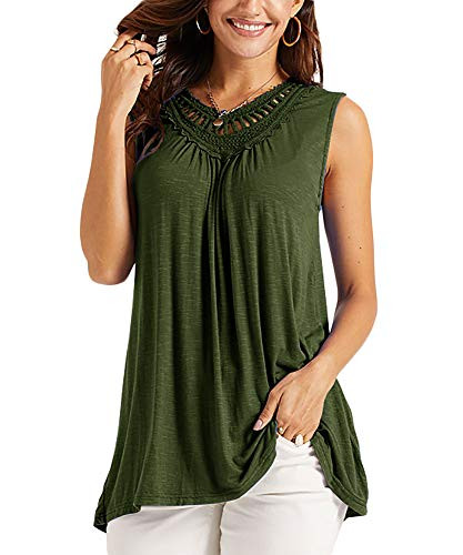 Fessceruna Womens Tank Top Lace Sleeveless Hollow Out Round Neck Summer Pleated Crochet Flowy Tunic Cami Blouse Army Green
