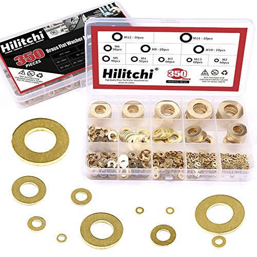 Hilitchi 350-Pcs  10 - Size  Brass Flat Washer Assortment Set - M2 M2.5 M3 M4 M5 M6 M8 M10 M12 M14