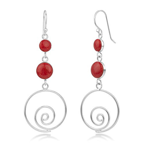 925 Sterling Silver Natural Red Sea Bamboo Color Inlay Round Long Drop Dangle Earrings 2.3 inch 925 Sterling Silver Natural Red Sea Bamboo Color Inlay Round Long Drop Dangle Earrings 2.3 inch