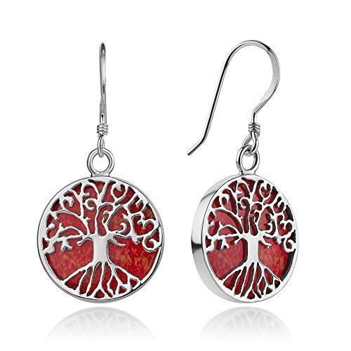 925 Sterling Silver Filigree Tree of Life Symbol Red Bamboo Sea Color Dangle Hook Earrings 1.3 inch 925 Sterling Silver Filigree Tree of Life Symbol Red Bamboo Sea Color Dangle Hook Earrings 1.3 inch