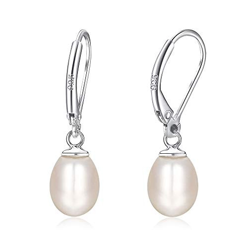 Milacolato 925 Sterling Silver Pearl Dangle Earrings Genuine Freshwater Cultured Drop Pearl Lever-back Earrings - AAAA Quality White