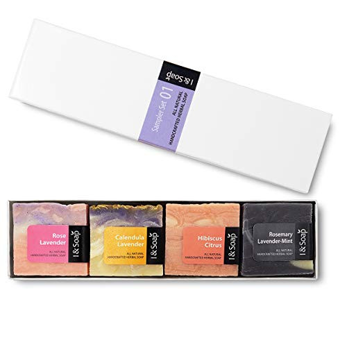I  and  SOAP 4pcs Mini Sampler Set  01  - Guest Soap - Travel Soap - 100 percent Natural  and  Organic Materials - Handcrafted Herbal Soap - Gentle and Effective Facial Hand and Body Cleansing Soap Bars.