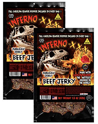 INFERNO -XXX Carolina Reaper Beef Jerky - JURASSIC JERKY S Hot Beef Jerky Made with the HOTTEST PEPPER in the WORLD Seasoned with a special blend of Real Carolina Reaper Peppers Sweet with Heat High in Protein MSG-free no preservatives meat snac