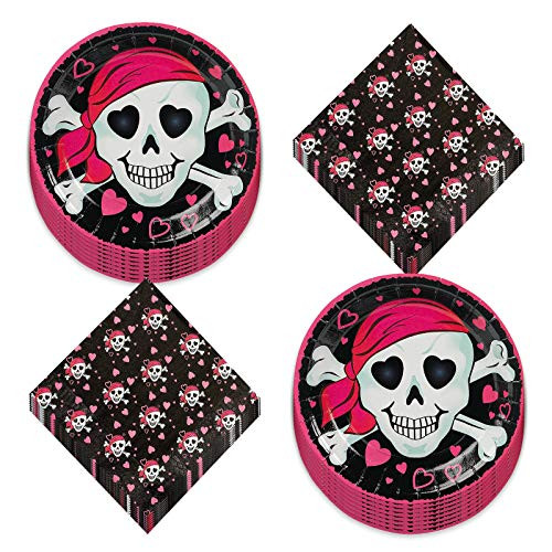 Pink Pirate Girl Skull and Crossbone Paper Dessert Plates and Luncheon Napkins  Serves 16