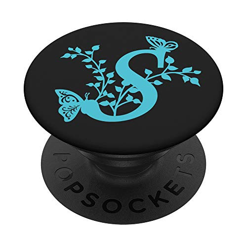 Black Teal Blue Monogram Letter S Initial Butterfly PopSockets PopGrip Swappable Grip for Phones  and  Tablets