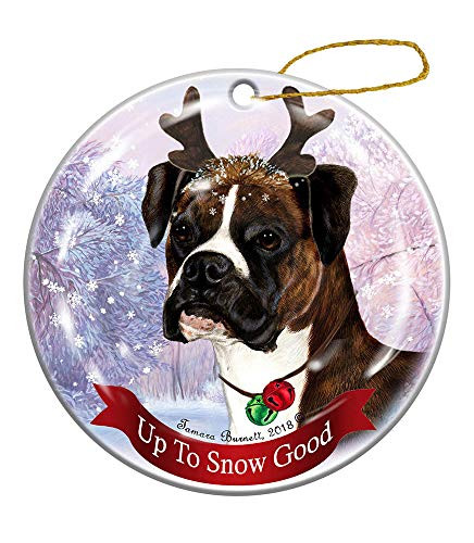 Holiday Pet Gifts Brindle Boxer with Uncropped Ears Reindeer Dog Porcelain Christmas Ornament