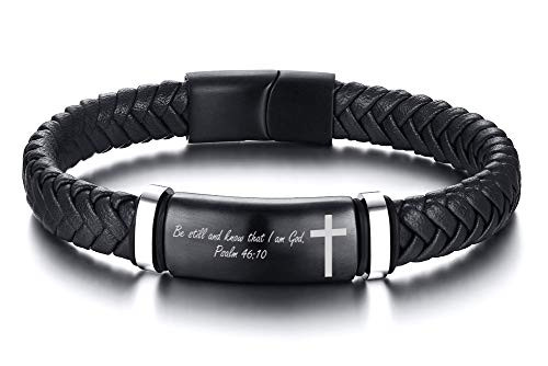 MEALGUET Braided Leather Bracelet Magnetic Clasp Bible Verse Religious Bracelets Christian Cross Scripture Engraved Wristband for MenChristian Jewelry