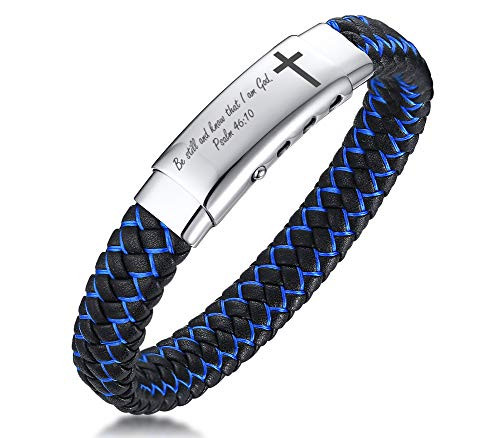 MEALGUET Bible Verse Religious Bracelets Christian Cross Scripture Engraved 2-Tone Black Blue Braided Bracelet Adjustable Wristband for Men