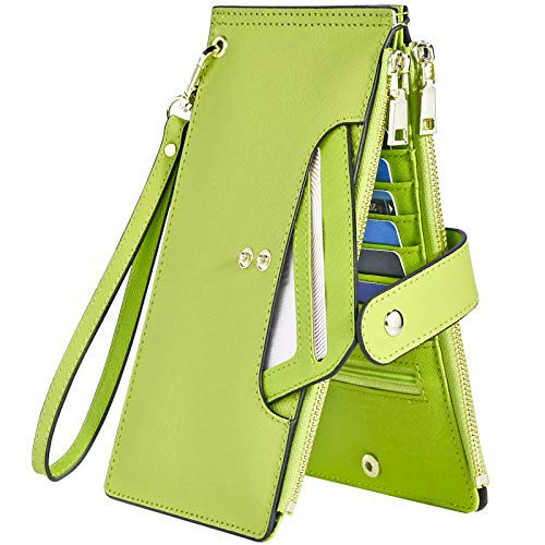 Wallets for Women RFID Blocking Large Capacity- Leather Bifold Wallet Women Long Credit Card Wallet Wristlet for Women Slim Zipper Wallet For Women With Coin Purse With Id Window Pullout Green