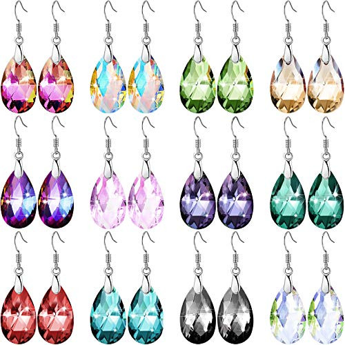 12 Pairs Multi-color Dangle Earrings Set Crystal Dangle Drop Earrings Rainbow Crystal Earrings for Women  Water Drop Shape