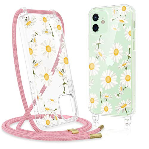 Caka Case for iPhone 12 12 Pro Crossbody with Strap iPhone 12 12 Pro Case for Girls Women Girly Daisy Floral Flower Clear Case with Lanyard Protective Case for iPhone 12 12 Pro 6.1 inches -Daisy