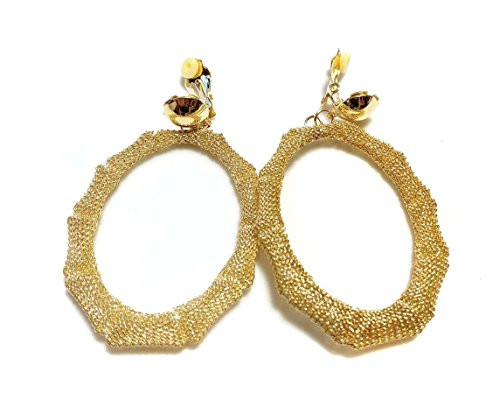 Clip-on Earrings Mesh Bamboo Oval Hoop Earrings Gold or Silver tone 2.5 inch  Gold
