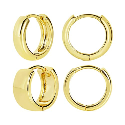 FAMARINE 2 Pairs 14K Gold Plated Hoop Huggie Earrings for Women Gift Minimalist Chunky and Tiny Hoop Earrings