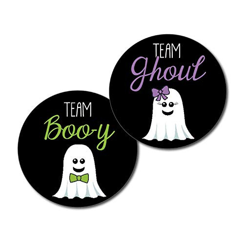 36 2.5 inch Ghost Team Ghoul or Boo-y Girl Boy Halloween Gender Reveal Party Stickers - purple and green