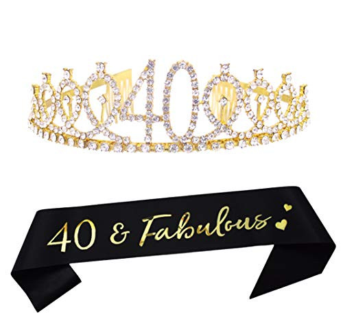 40th Gold Birthday Tiara and Sash Happy 40th Birthday Party Supplies 40 Fabulous Glitter Satin Sash and Crystal Tiara Princess Birthday Crown for Girls 40th Birthday Party Decorations Favors