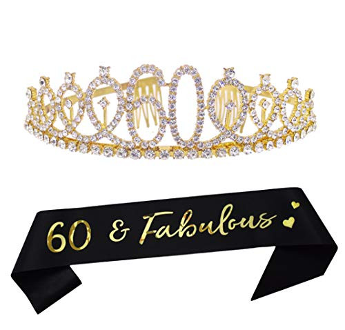 60th Gold Birthday Tiara and Sash Happy 60th Birthday Party Supplies 60 Fabulous Glitter Satin Sash and Crystal Tiara Princess Birthday Crown for Girls 60th Birthday Party Decorations Favors