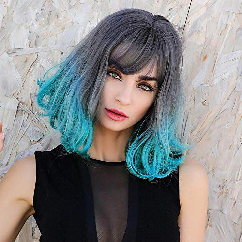 Ombre Wigs Short Bob Wavy Blue Wig For Women Colored Party Cosplay Wigs Ombre Gray Blue Wig Heat Resistant Synthetic Wig