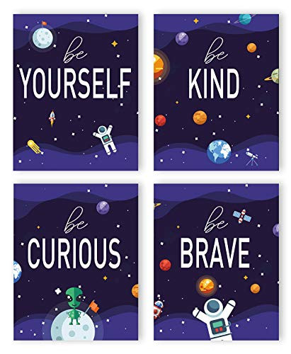 Inspirational Art Print Outer Space Planet Wall Art PaintingSet of 4 Photos Unframed 8 inch x10 inch  Be Kind Be Brave Be Curious Be Yourself Quote Canvas Posters for Boys Bedroom Nursery Decor