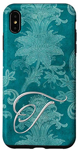 iPhone XS Max Teal floral Initial letter T monogram teal ornamental Case