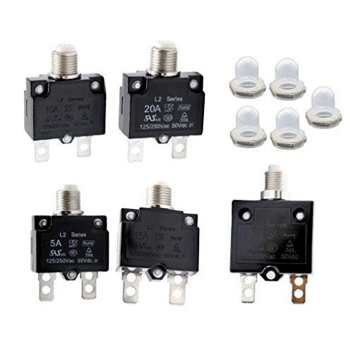 Gazechimp Set of 5 5A 10A 15A 20A 30A Thermal Overload Protector DC50V Push Reset Button Circuit Breaker with Clear Button Cap