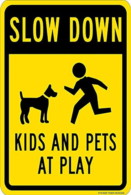 Jesiceny New Tin Sign Slow Down - Kids Pets at Play Graphic Black on Yellow Aluminum Metal Road Sign Wall Decoration 8x12 INCH