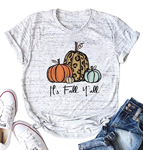 Its Fall Yall Shirts Women Halloween Leopard Pumpkin Short Sleeve T-Shirt Thanksgiving Casual Top Tees Gray