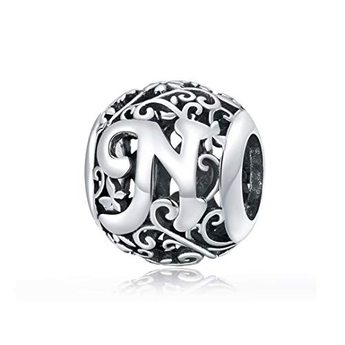 Presentski Letter Charms 925 Sterling Silver Charms for Bracelets Initial Alphabet Charms Charms for Necklace Openwork Letters Alphabet Beads Letters N Charm Bracelet for Women