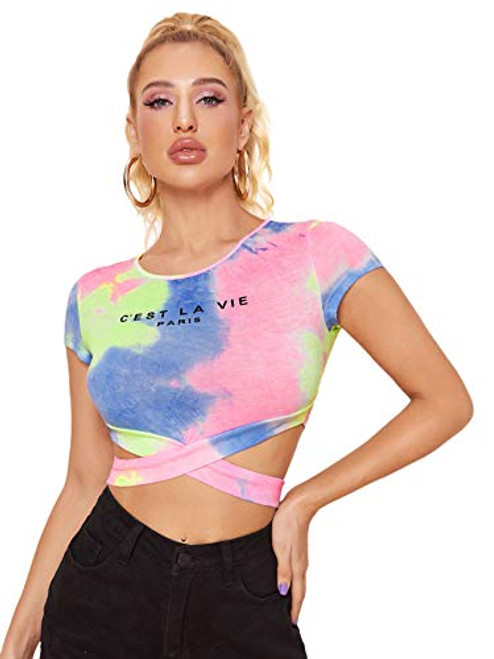MakeMeChic Womens Tie Dye Criss Cross Waist Short Sleeve Crop Top T Shirt Multi L