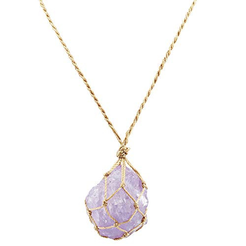 TUMBEELLUWA Natural Amethyst Crystal Stone Necklace Braided Irregular Raw Stone Healing Crystal Rough Pendant for Women