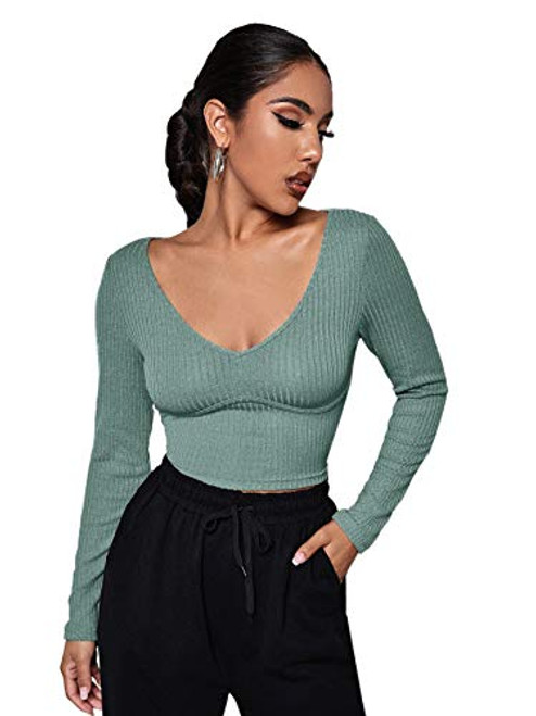 SweatyRocks Womens Basic Deep V Neck Long Sleeve Crop Tops Ribbed Knit Slim Fit Crop Tee Shirt Mint Green M