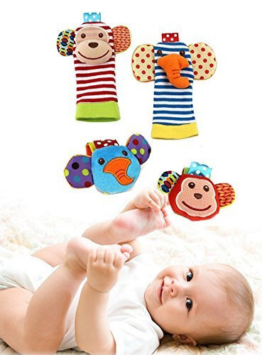 Happy Monkey Baby Wrist Rattles and Foot Finders Set High Contrast Infant Foot Finders Socks and Newborn Hand Wrist Rattle Toy Cute Engaging Elephants and Monkeys Bright Developmental Colors Patterns