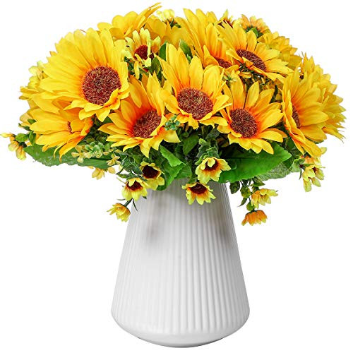 Momkids 4 Pack Artificial Flowers Fake Sunflowers Bouquet Yellow Faux Silk Flower for Farmhouse Home Living Room Kitchen Bathroom Garden Wedding Party DIY Decoration