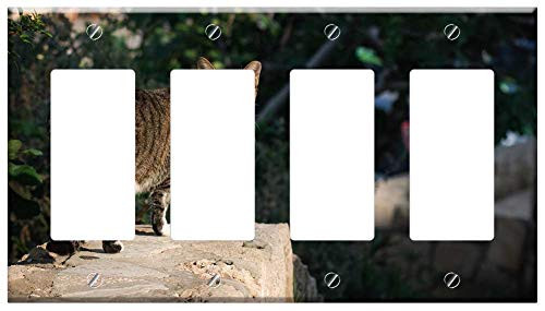 Switch Plate 4 Gang Rocker GFCI - Cat Feline Pet Looking Wall Standing Cute Animal Switch Plate 4 Gang Rocker GFCI - Cat Feline Pet Looking Wall Standing Cute Animal