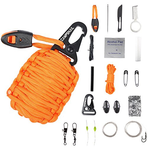 CAMPSNAIL Emergency Survival Kit Grenade - 20 Accessories First Aid Kit Survival Wrapped in 550 lb Paracord Survival Grenade for Emergencies  Safety Orange