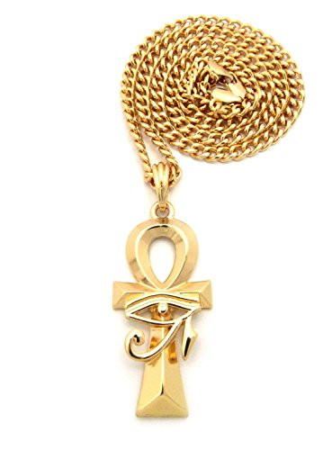 Fashion 21 Egyptian Micro Breath of Life Ankh Pendant 24 inch Various Chain Necklace in Hematite Black Tone  5mm 24 inch Cuban Chain Gold Tone
