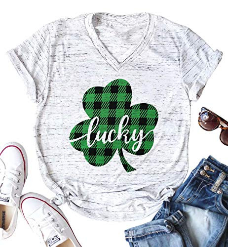 Lucky Irish St.Patricks Day Shirt Plaid Shamrock Graphic Short Sleeve Tops V Neck Funny Tee Size XL  Light Grey
