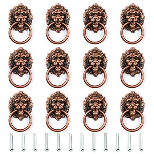 12 Pieces Lion Head Dresser Drawer Cabinet Door Ring Head Pulls Antique Copper Tone Pulls Knob