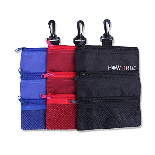 HOW TRUE 3 Pcs Golf Tee Pouch Golf Tee Ball Bag with Clip Golf Multi-Pocket Tote Hand Bag Valuables Pouch