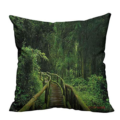 Jungle Square Pillow Case Freshness Tropical Thailand Forest with Wooden Bridge Foliage Meditation Calm Landscape Cushion Cover Case Green 16 inchx16 inch Print Name or Date