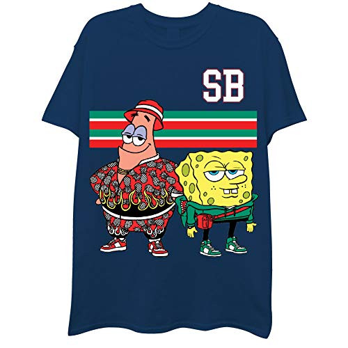 Mens Spongebob Squarepants Classic Shirt - Spongebob Patrick  and  Krusty Krab Meme T-Shirt  Navy Chill Large