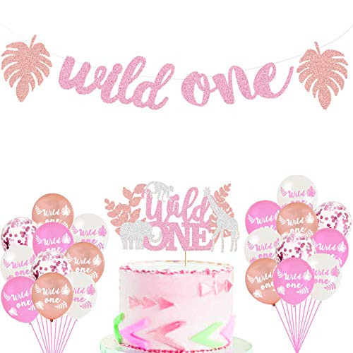 Safari Jungle Animal 1st Birthday Party Supplies Pink Glittery Wild One Banners Safari Animal Balloons Zoo Cake Topper Jungle Animal Themed Girls First Birthday Baby Shower Party Supplies Decorations