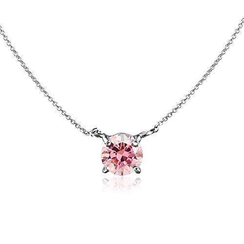 Sterling Silver 6mm Round Light Rose Swarovski Crystal Solitaire Choker Necklace for Women Girls 13 inch Plus 3 inch Extender