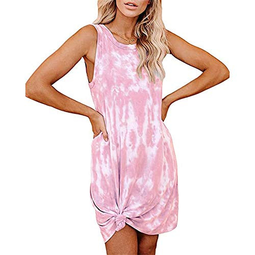 Tie Dye Dress Sleeveless Side Knot Crew Neck Loose T Shirts Casual Mini Dress-XL Pink