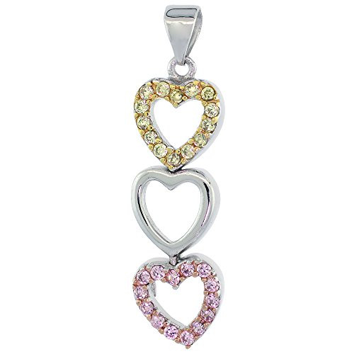 Sterling Silver Triple Open Heart Micro Pave CZ Pendant Tri-Color Finish 1 1 8 inch Long