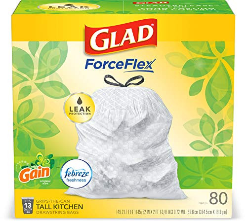 Glad ForceFlex Tall Kitchen Drawstring Bags 13 Gallon Trash Bag Febreze Freshness Gain Original White 80 Count